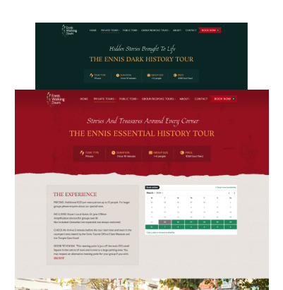 Two webpage screenshots for Ennis Walking Tours