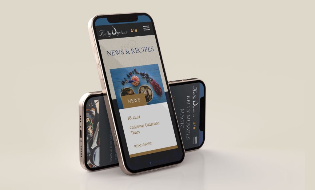 Two smartphones displaying the Kelly Oysters website